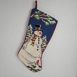 Christmas Needlepoint Red Velvet Snowman Forest Cardinal Bird Stocking 19 in